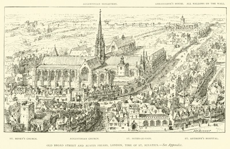 Old Broad Street y Austin Friars, Londres, época de San Ignacio (grabado) de Henry William Brewer