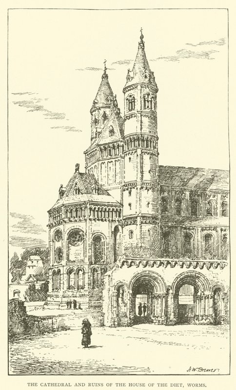 La Catedral y las Ruinas de la Casa de la Dieta, Worms (grabado) de Henry William Brewer