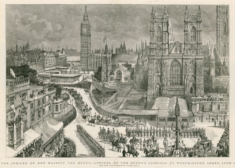 El jubileo de Su Majestad la Reina - llegada del carruaje de la Reina a la Abadía de Westminster de Henry William Brewer