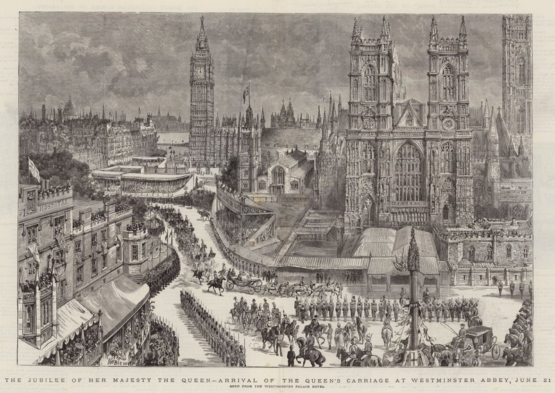 El jubileo de Su Majestad la Reina, llegada del carruaje de la Reina a la Abadía de Westminster, 21 de junio de Henry William Brewer