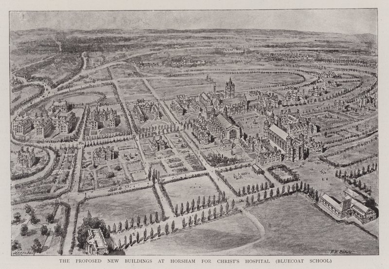 Los nuevos edificios propuestos en Horsham para el Hospital de Cristo, Bluecoat School de Henry William Brewer