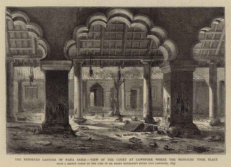 El supuesto captura de Nana Sahib, vista del tribunal en Cawnpore donde tuvo lugar la masacre de Henry William Brewer