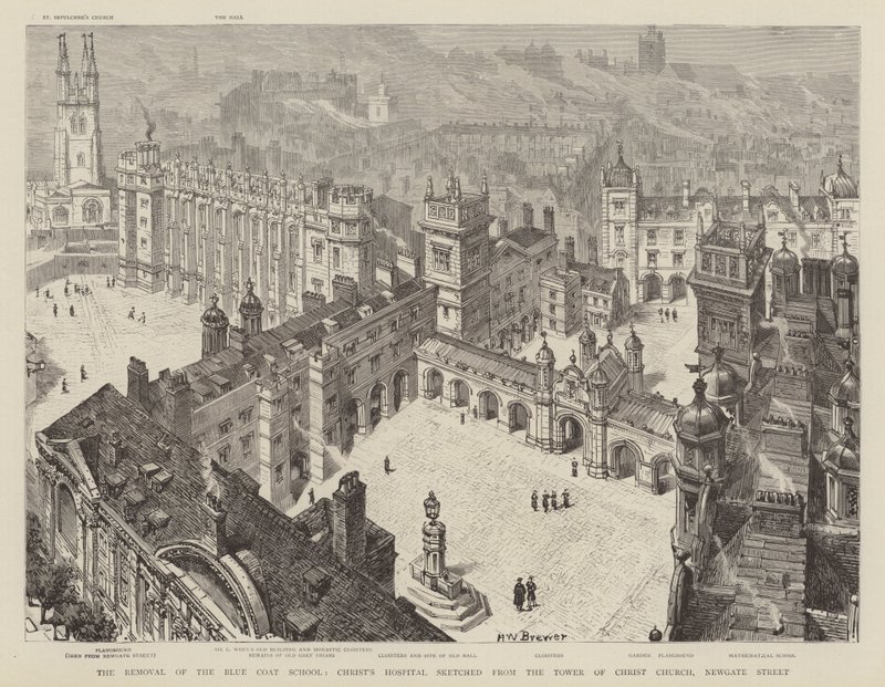 La Remoción de la Escuela del Abrigo Azul, Hospital de Cristo esbozado desde la Torre de la Iglesia de Cristo, Newgate Street de Henry William Brewer