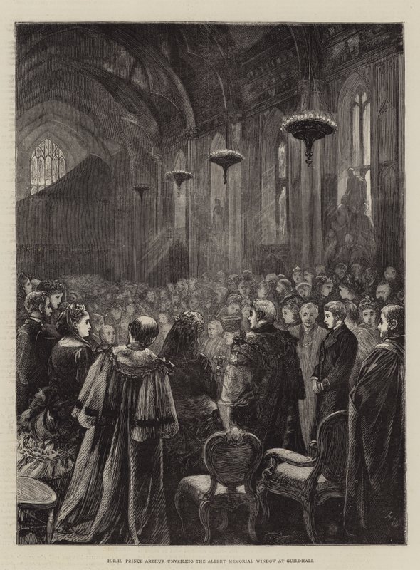 SAR el Príncipe Arturo develando la Ventana Memorial de Albert en Guildhall de Henry Woods