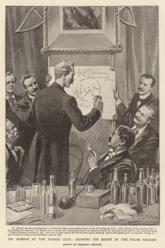 El Dr. Nansen en el Savage Club, dibujando su ruta en las regiones polares de Herbert Johnson