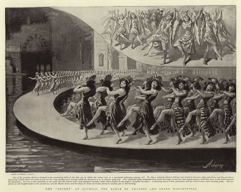 El Oriente en Olympia, la Danza de las Amazonas y los Adoradores de Serpientes de Herbert Johnson