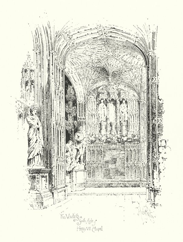 Bóveda de abanico en la nave sur de la capilla de Enrique VII (litografía) de Herbert (after) Railton