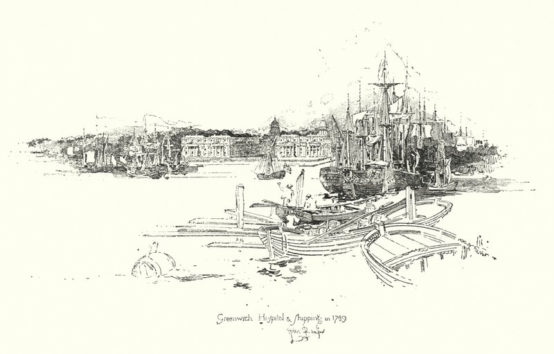 Hospital de Greenwich y embarcaciones, en 1749 de Herbert (after) Railton