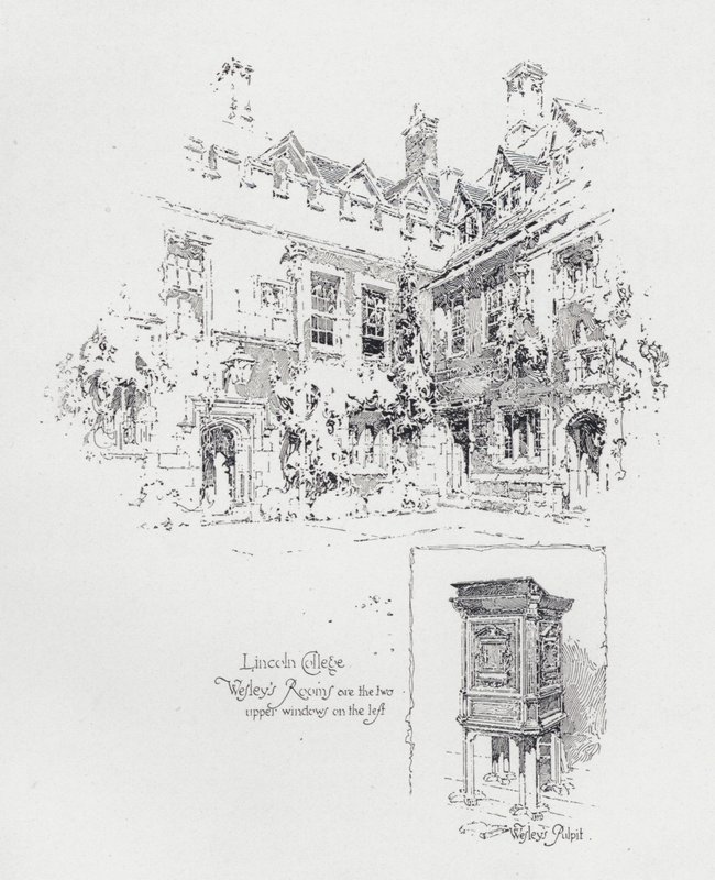 Púlpito usado por el predicador metodista inglés John Wesley y sus habitaciones en el Lincoln College, Oxford de Herbert (after) Railton