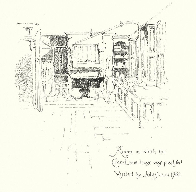 Habitación en la que se practicó la farsa del fantasma de Cock-Lane, visitada por el Dr. John en 1762 de Herbert (after) Railton