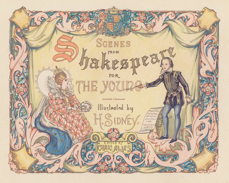 Ilustración de la portada de Escenas de Shakespeare para jóvenes (litografía en color) de Herbert (after) Sidney
