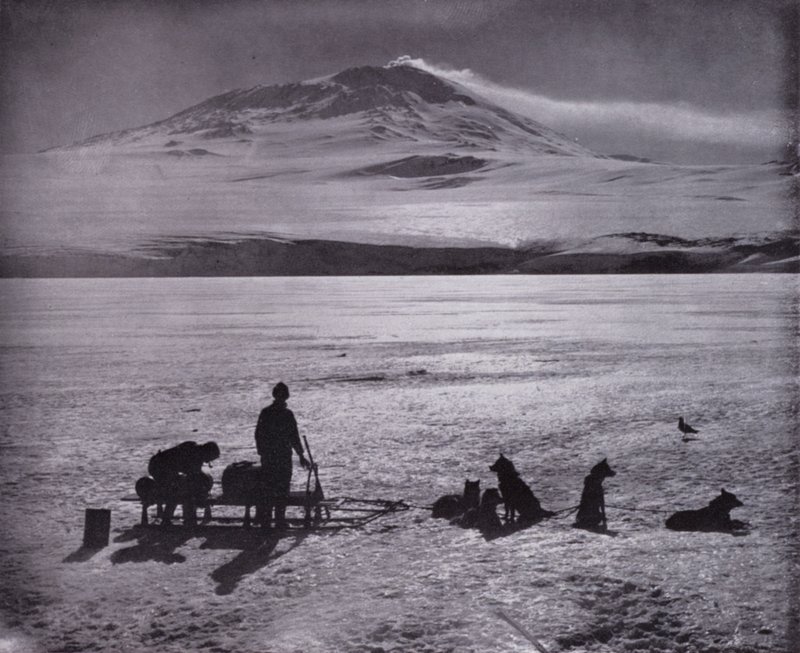 Trineo y perros, con el Monte Erebus al fondo de Herbert Ponting