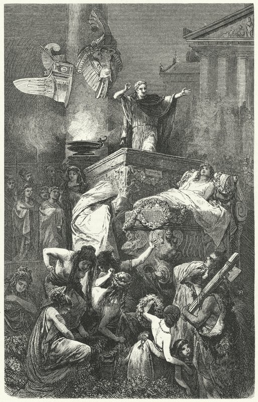 Augusto dando el discurso en el funeral de su sobrino Marcelo, 23 a.C. de Hermann Vogel