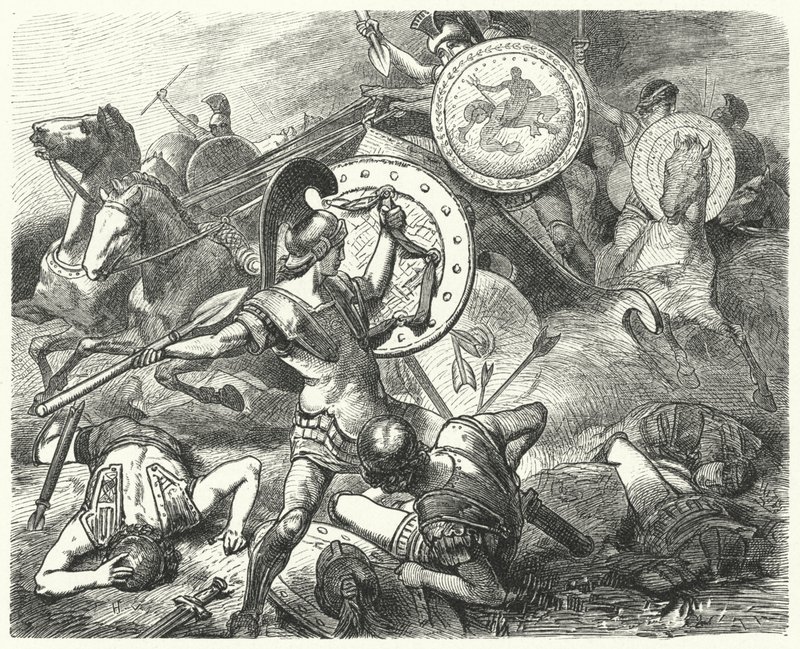 Epaminondas salvando la vida de Pelópidas en la Batalla de Mantinea, 385 a.C. de Hermann Vogel
