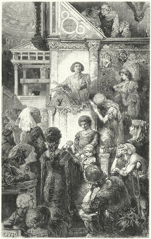 Giovanni Boccaccio recitando la Divina Comedia de Dante al pueblo de Florencia, siglo XIV de Hermann Vogel