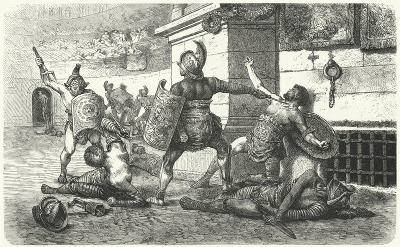 Gladiadores luchando en la arena en la Antigua Roma de Hermann Vogel