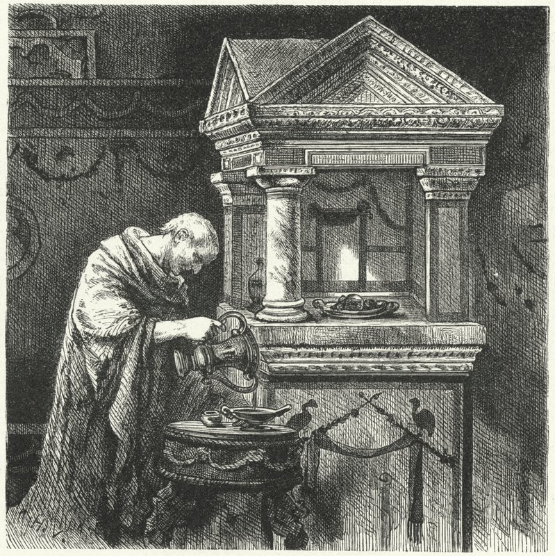 Haciendo ofrendas en un templo en la Antigua Roma de Hermann Vogel