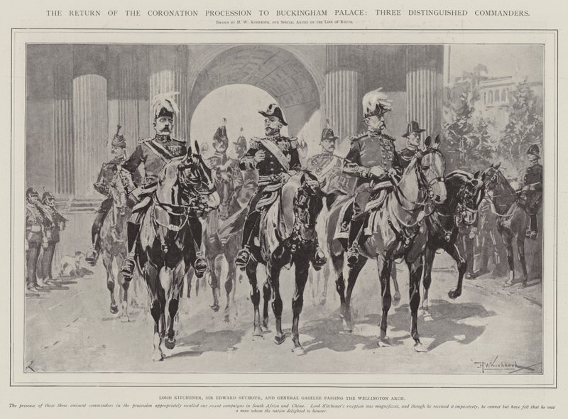 El regreso de la procesión de coronación al Palacio de Buckingham, tres comandantes distinguidos de Hermanus Willem Koekkoek