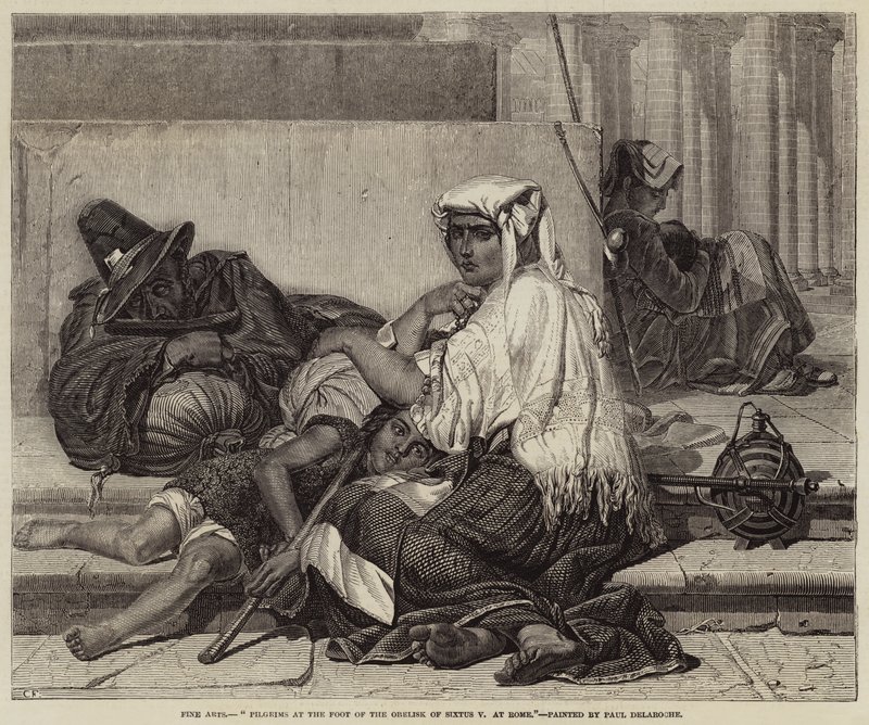 Peregrinos al pie del obelisco de Sixto V en Roma de Hippolyte Delaroche