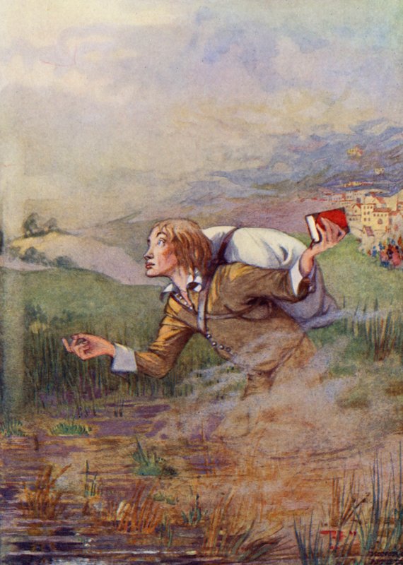 "Cristiano, a causa de la carga que llevaba a la espalda, empezó a hundirse en el fango" (litografía en color) de Honor Charlotte Appleton