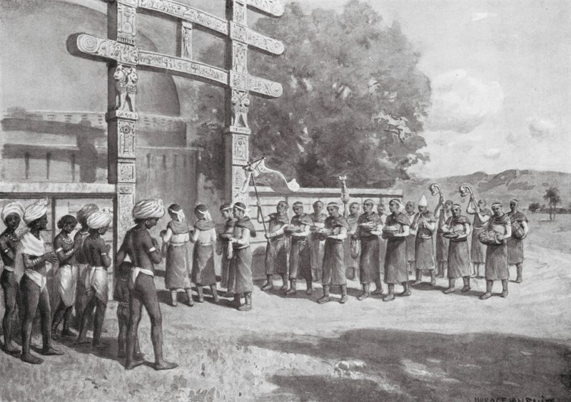 Extranjeros en Sanchi con ofrendas, 145 a.C. (litografía) de Horace van Ruith