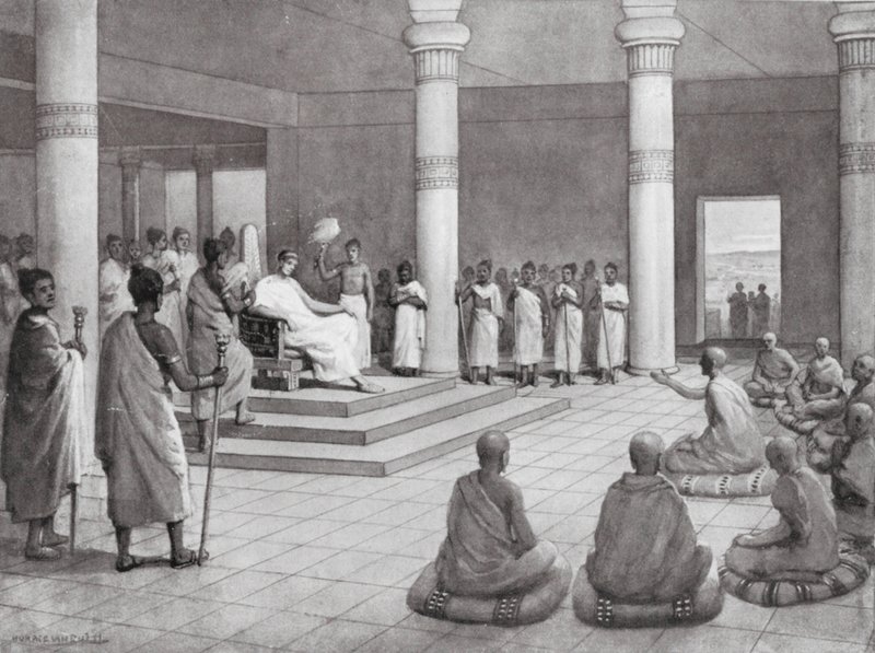 El rey Milinda hace preguntas, 140 a.C. (litografía) de Horace van Ruith