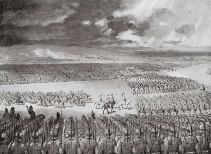 Poro espera el ataque de Alejandro, julio del 326 a.C. (litografía) de Horace van Ruith