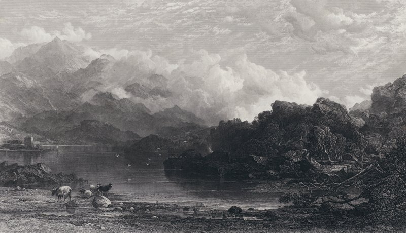 Un lago de las Tierras Altas, niebla descansando en las montañas de Horatio Macculloch