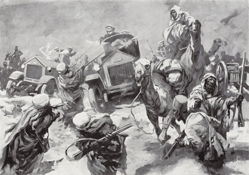 El Duque de Westminster y sus autos blindados corren al rescate de las tripulaciones naufragadas capturadas por los Senussi, Cirenaica, Norte de África, 17 de marzo de 1916 de Howard K. Elcock