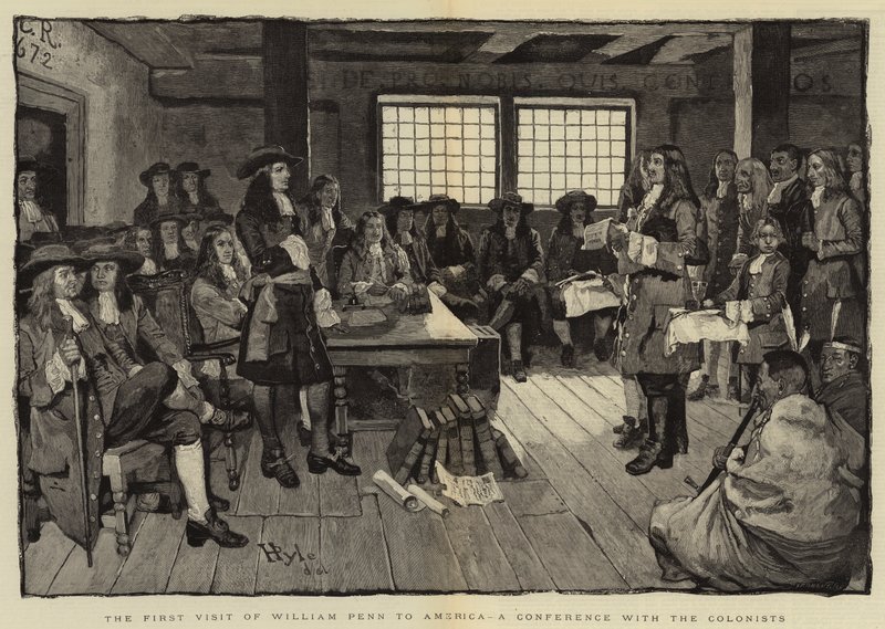 La primera visita de William Penn a América, una conferencia con los colonos de Howard Pyle