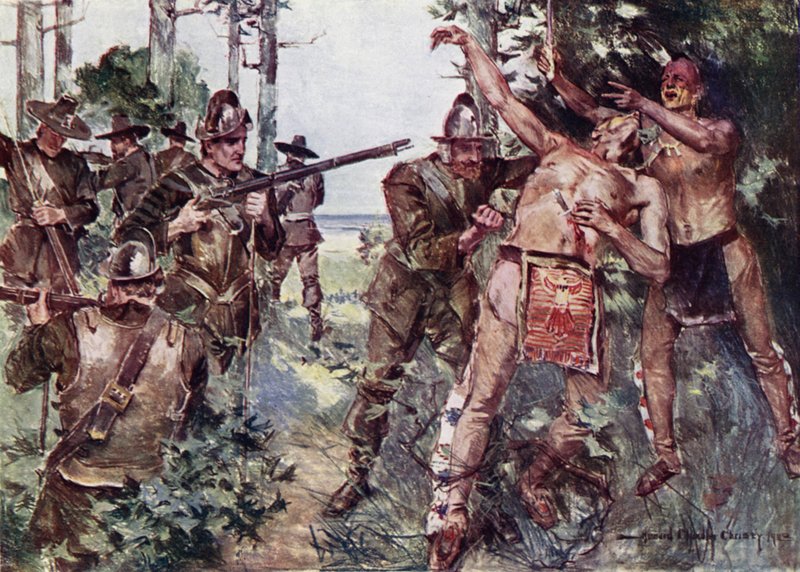Ilustración de El cortejo de Miles Standish de Henry Wadsworth Longfellow (litografía en color) de Howard Chandler (after) Christy
