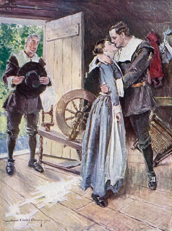 Ilustración de El cortejo de Miles Standish de Henry Wadsworth Longfellow (litografía en color) de Howard Chandler (after) Christy