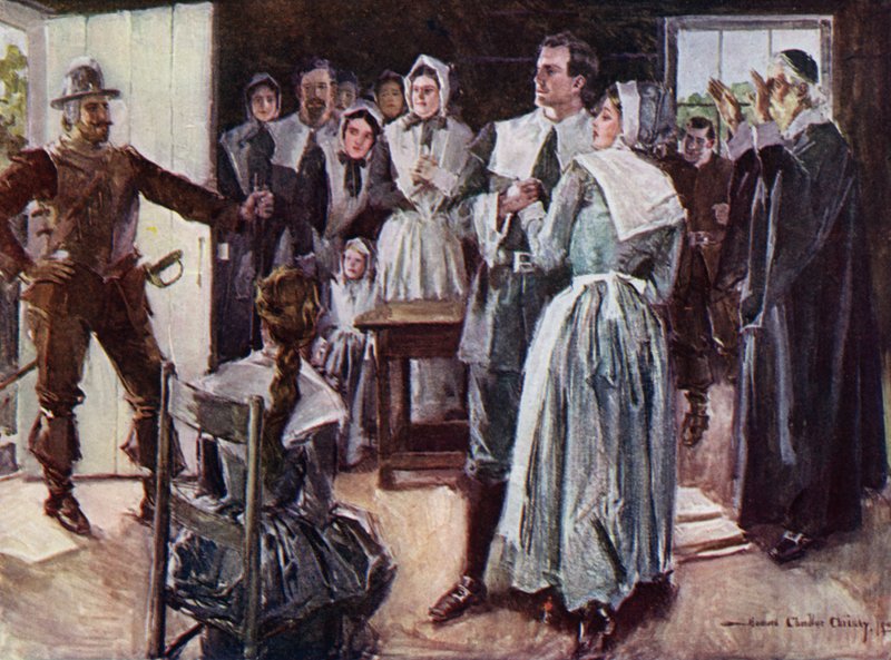 Ilustración de El cortejo de Miles Standish de Henry Wadsworth Longfellow (litografía en color) de Howard Chandler (after) Christy