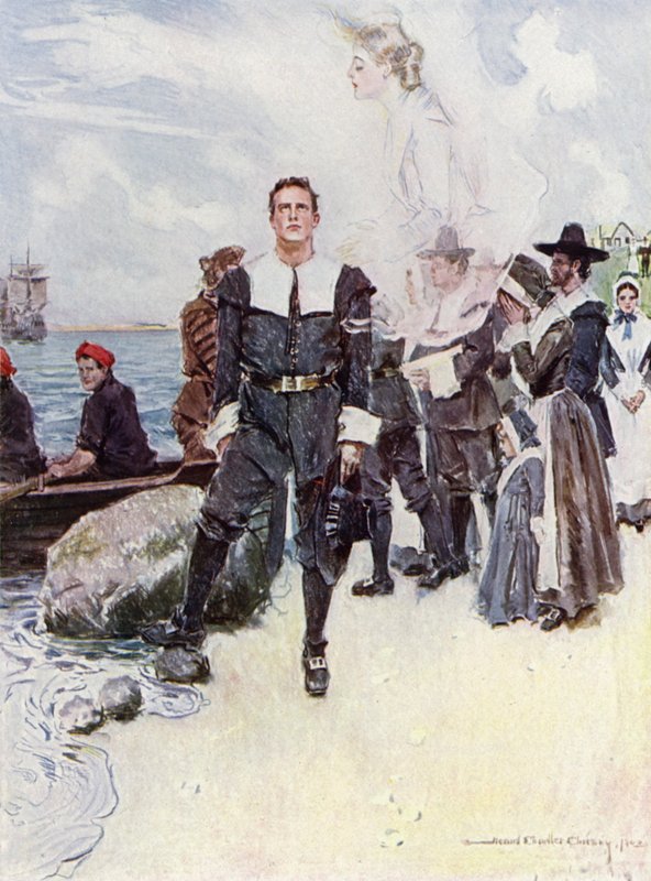 Ilustración de El cortejo de Miles Standish de Henry Wadsworth Longfellow (litografía en color) de Howard Chandler (after) Christy
