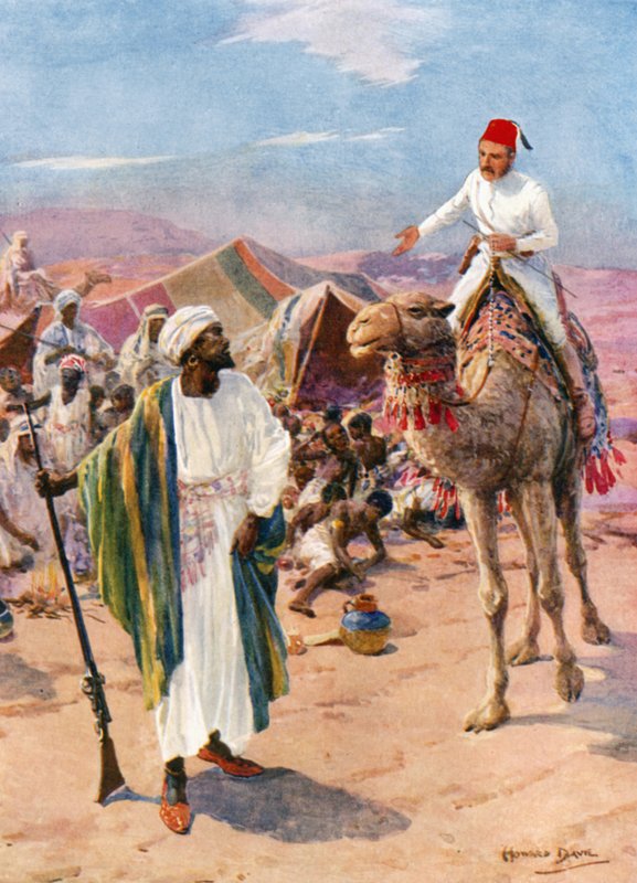 Gordon, solo y desarmado, entra en el campamento de los esclavistas (litografía en color) de Howard Davie