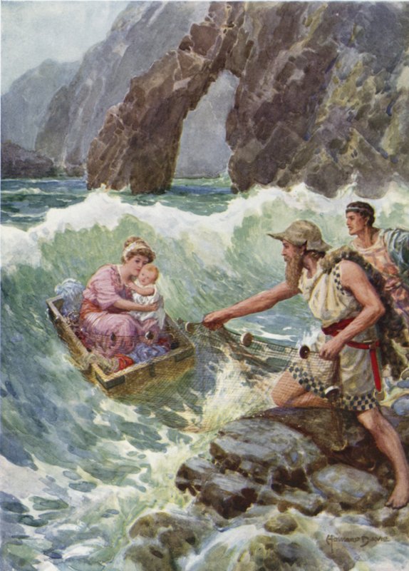 La puso a ella y al bebé a salvo en un saliente de la roca. De Cómo Perseo y su madre llegaron a Serifos (litografía en color) de Howard Davie