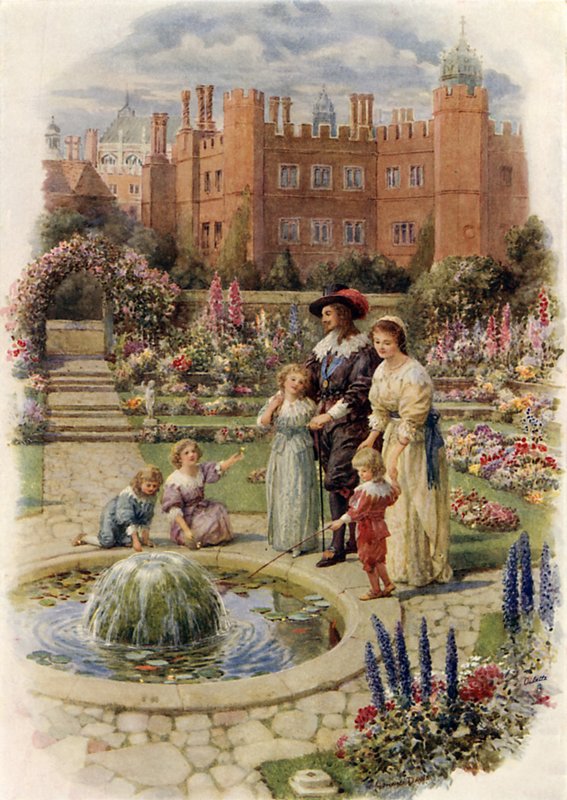 El rey Carlos I y la reina Enriqueta en Hampton Court (litografía en color) de Howard Davie
