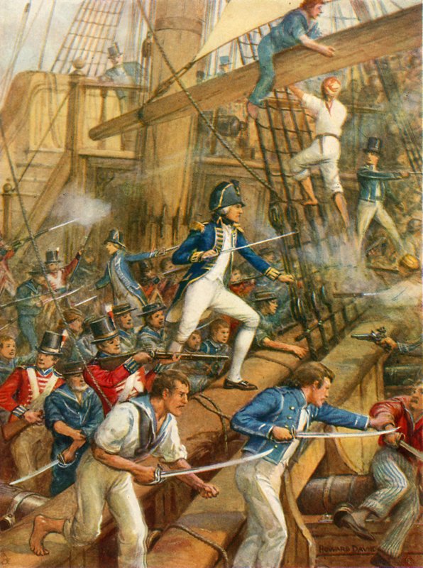 Nelson embarcando en el San Nicolás (litografía en color) de Howard Davie