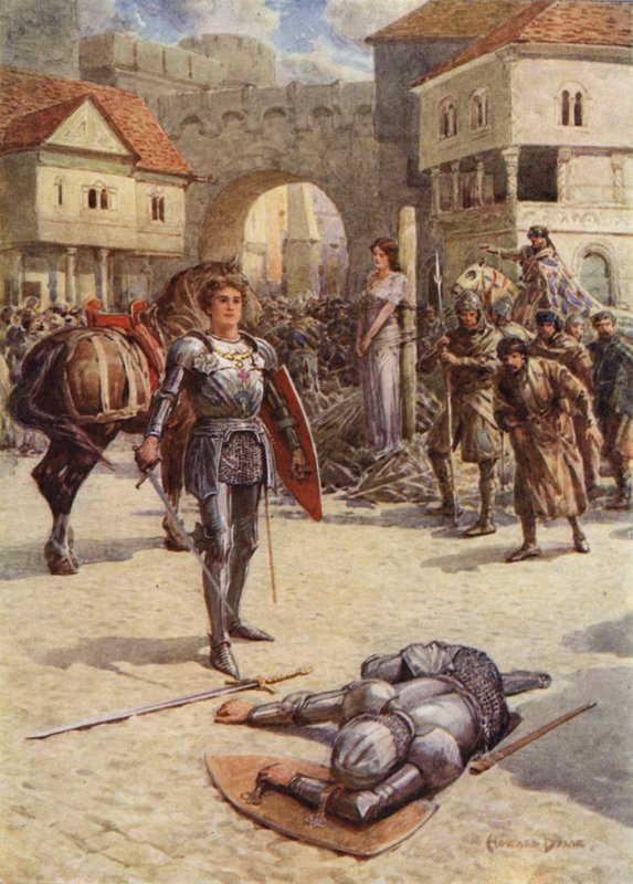 San Jorge al rescate, el orgulloso conde de Coventry yace muerto (litografía en color) de Howard Davie