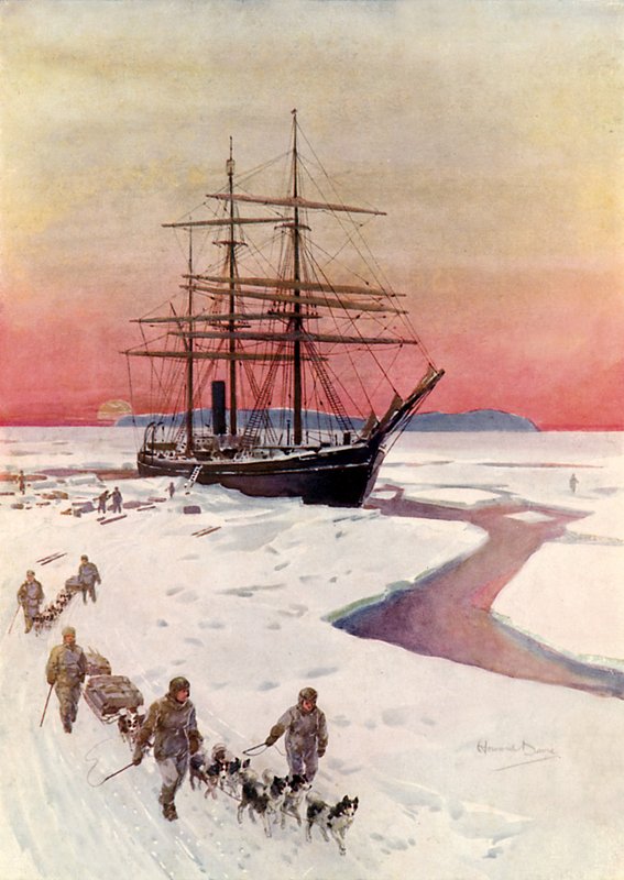 Descarga del "Terra Nova" en el estrecho de McMurdo (litografía en color) de Howard Davie