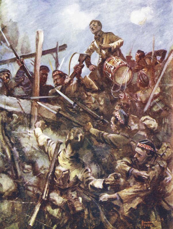 El tambor Walter Ritchie de pie en el parapeto del enemigo para tocar la carga, bajo intenso fuego de ametralladoras y ataques con bombas, Beaumont Hamel, Francia, 1 de julio de 1916 de Howard K. Elcock