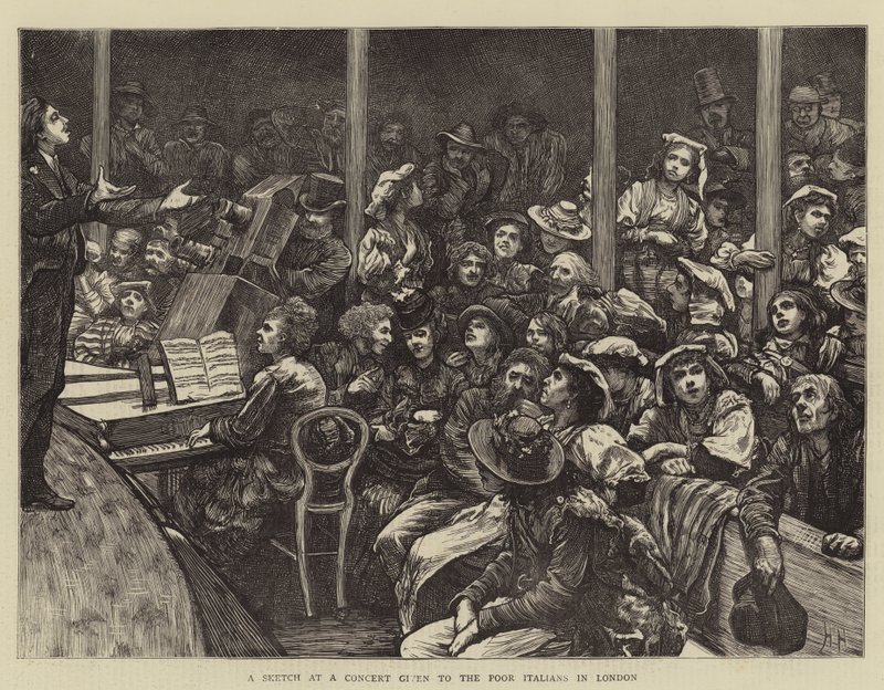 Un boceto en un concierto dado a los pobres italianos en Londres de Hubert von Herkomer