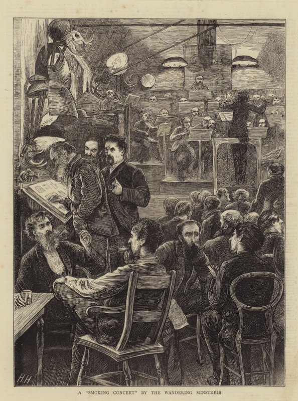 Un concierto de fumadores por los trovadores errantes de Hubert von Herkomer