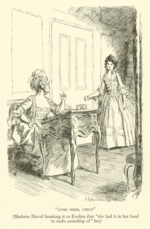Ven aquí, niña, Madame Duval diciéndole a Evelina que "tenía en mente hacer algo de ella" (grabado) de Hugh Thomson