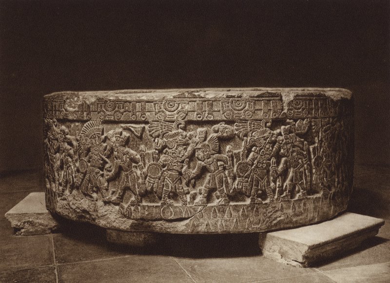 Mexico: Altar de sacrificio del Rey Tizoc, Museo nacional (b/w photo) de Hugo Brehme