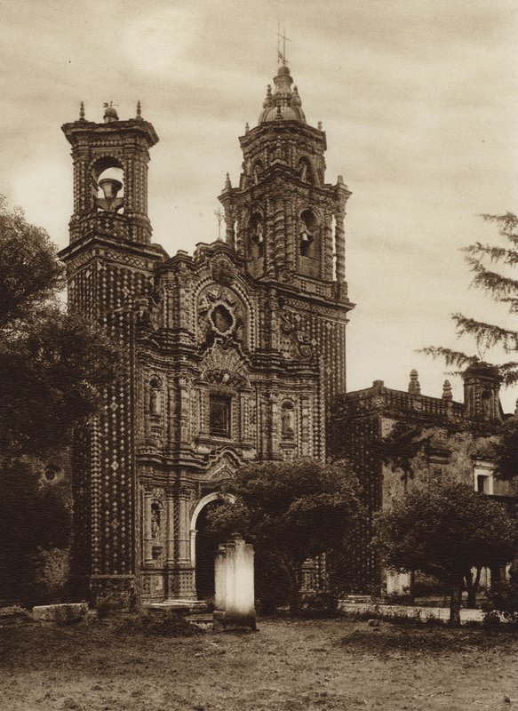 Mexico: Iglesia de San Francisco, Vista anterior (b/w photo) de Hugo Brehme