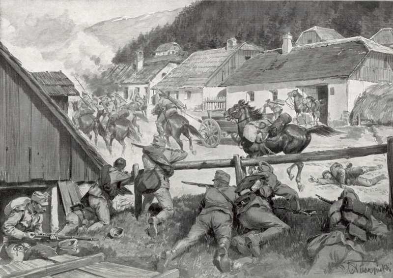 Cosacos saqueadores sorprendidos por tropas húngaras en un pueblo húngaro de Hungarian School