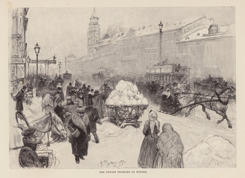 La Nevsky Prospekt en invierno (grabado) de Ilya Efimovich (after) Repin