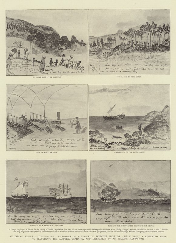 Autobiografía de un esclavo indio, facsímiles de una serie de bocetos realizados por "Billy King", un esclavo liberado, para ilustrar su captura, cautiverio y liberación por un barco de guerra inglés de Indian School