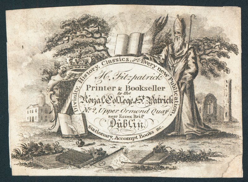 H Fitzpatrick, impresor y librero del Royal College of Saint Patrick, tarjeta comercial de Irish School